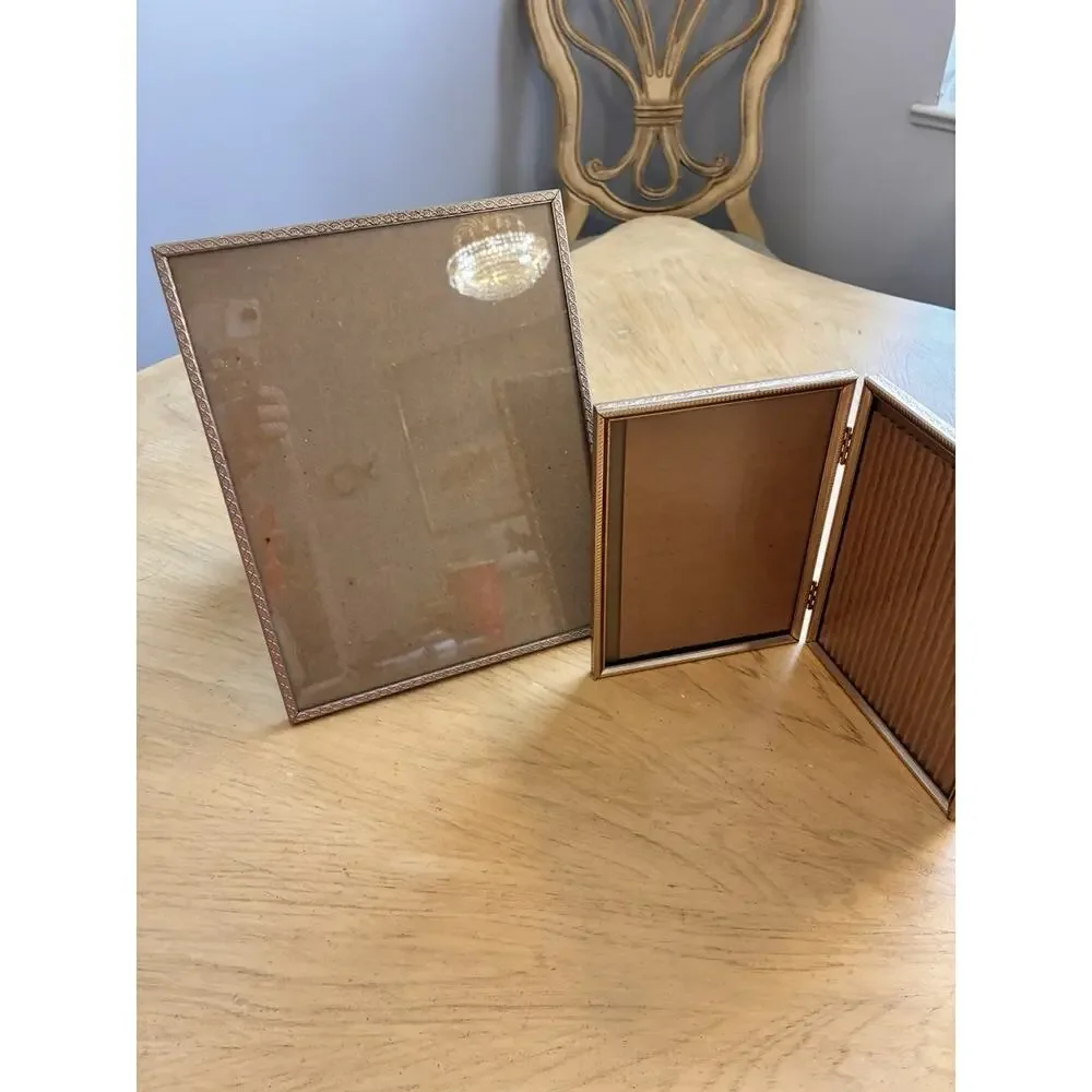 2 Vtg Mid Century Gold Tone Metal Picture Frame Single & Bifold Hinged 70s Set 2
